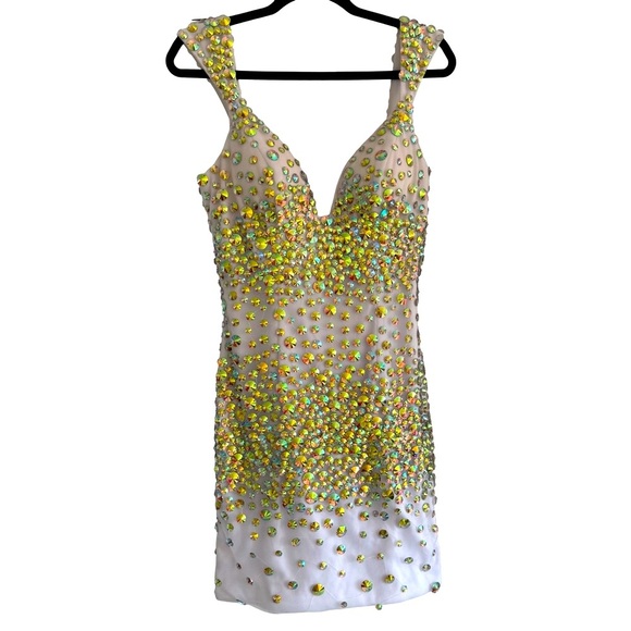 VIENNA White Iridescent Beaded Evening Cocktail Formal Mini Party Dress … - Picture 4 of 14